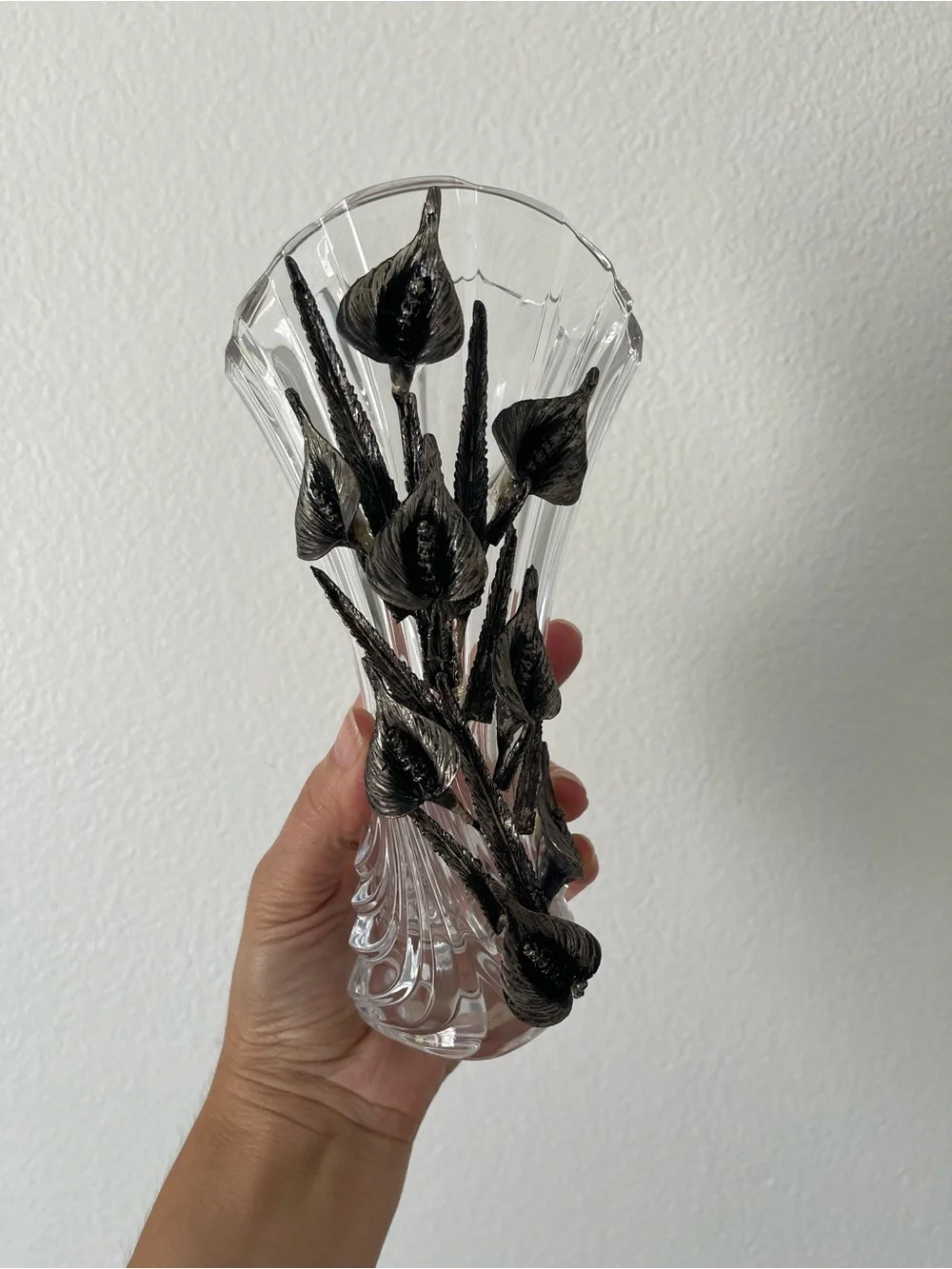 Elegant Clear Glass Vase with Black gray metal Floral Accents